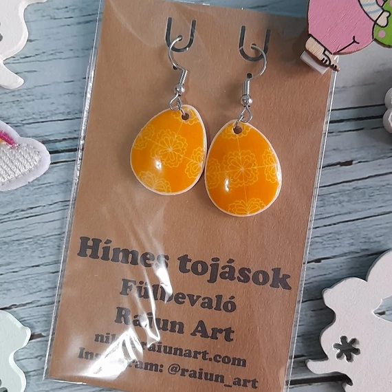 Egyedi hímes tojás fülbevaló - sárga rózsás minta