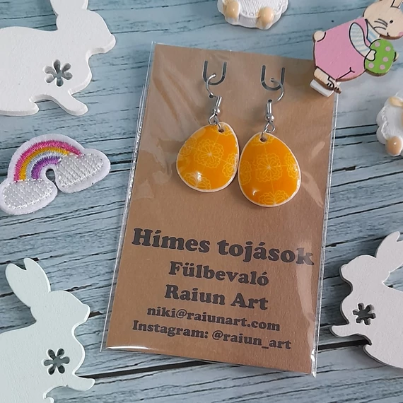 Egyedi hímes tojás fülbevaló - sárga rózsás minta