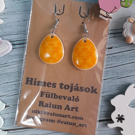 Egyedi hímes tojás fülbevaló - sárga hatrózsás minta